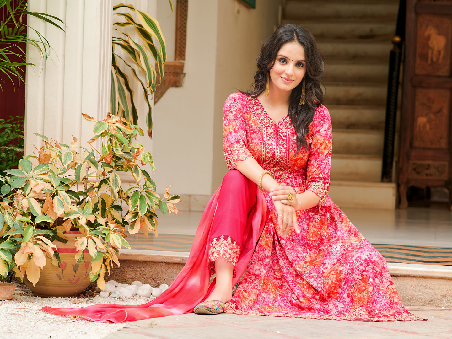 Nyra Cut Embroidered & Printed Kurta With Pant & Dupatta, Pink - Hiral Fashion