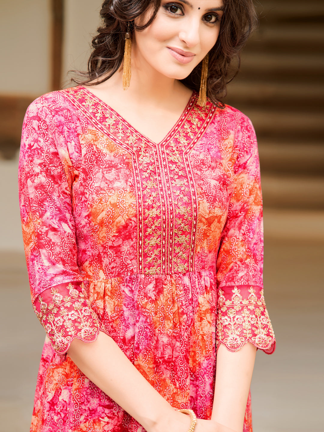 Nyra Cut Embroidered & Printed Kurta With Pant & Dupatta, Pink - Hiral Fashion