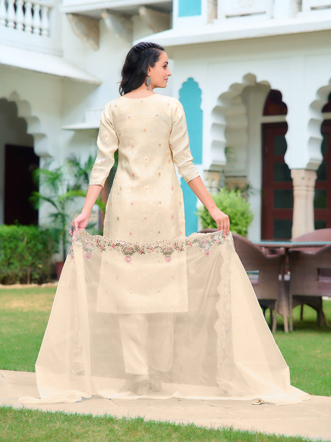 Hand Embroidered Banarasi Jacqauard Kurta With Pant & Embroidered Organza Dupatta, Cream - Hiral Fashion