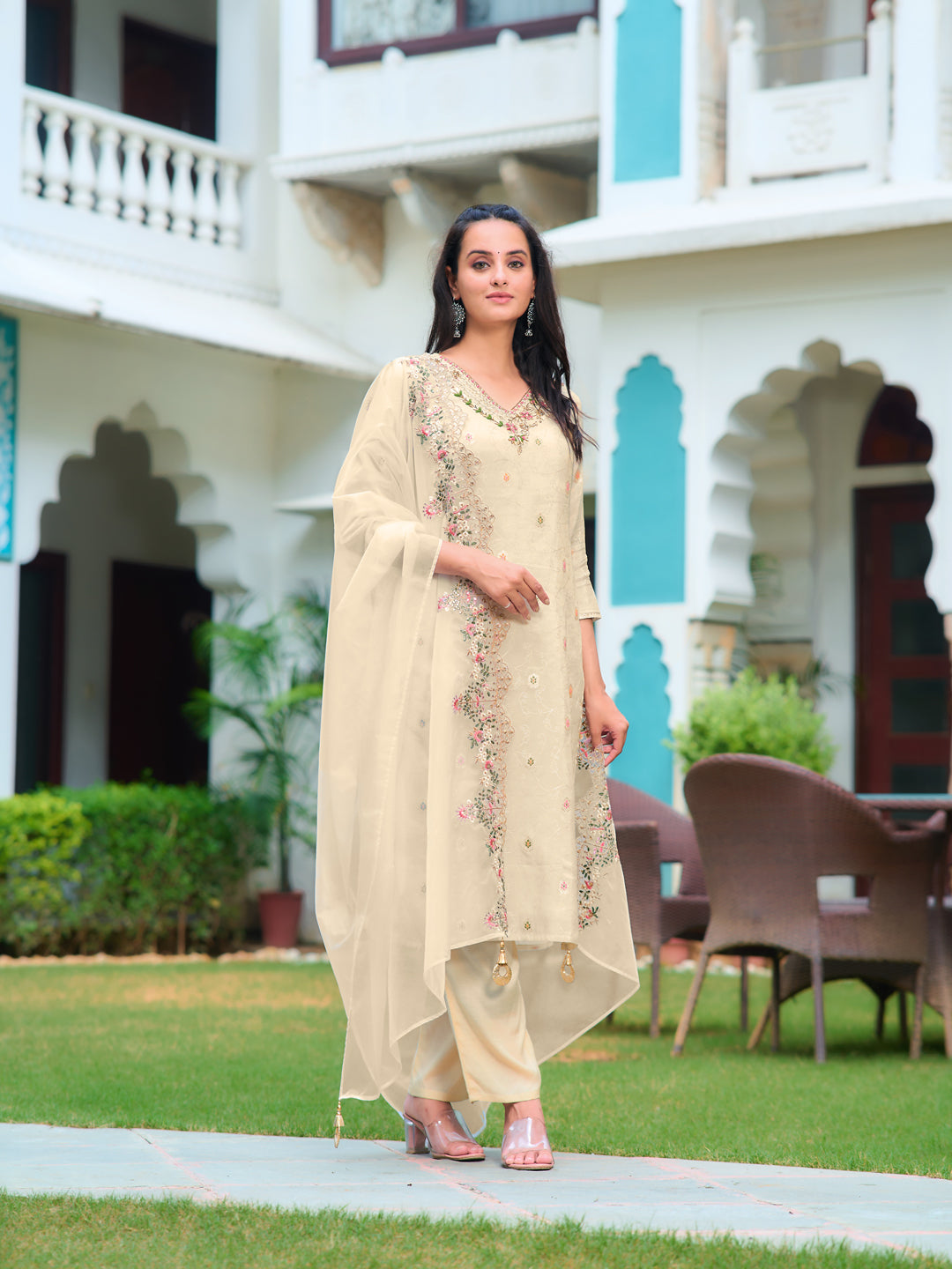 Hand Embroidered Banarasi Jacqauard Kurta With Pant & Embroidered Organza Dupatta, Cream - Hiral Fashion