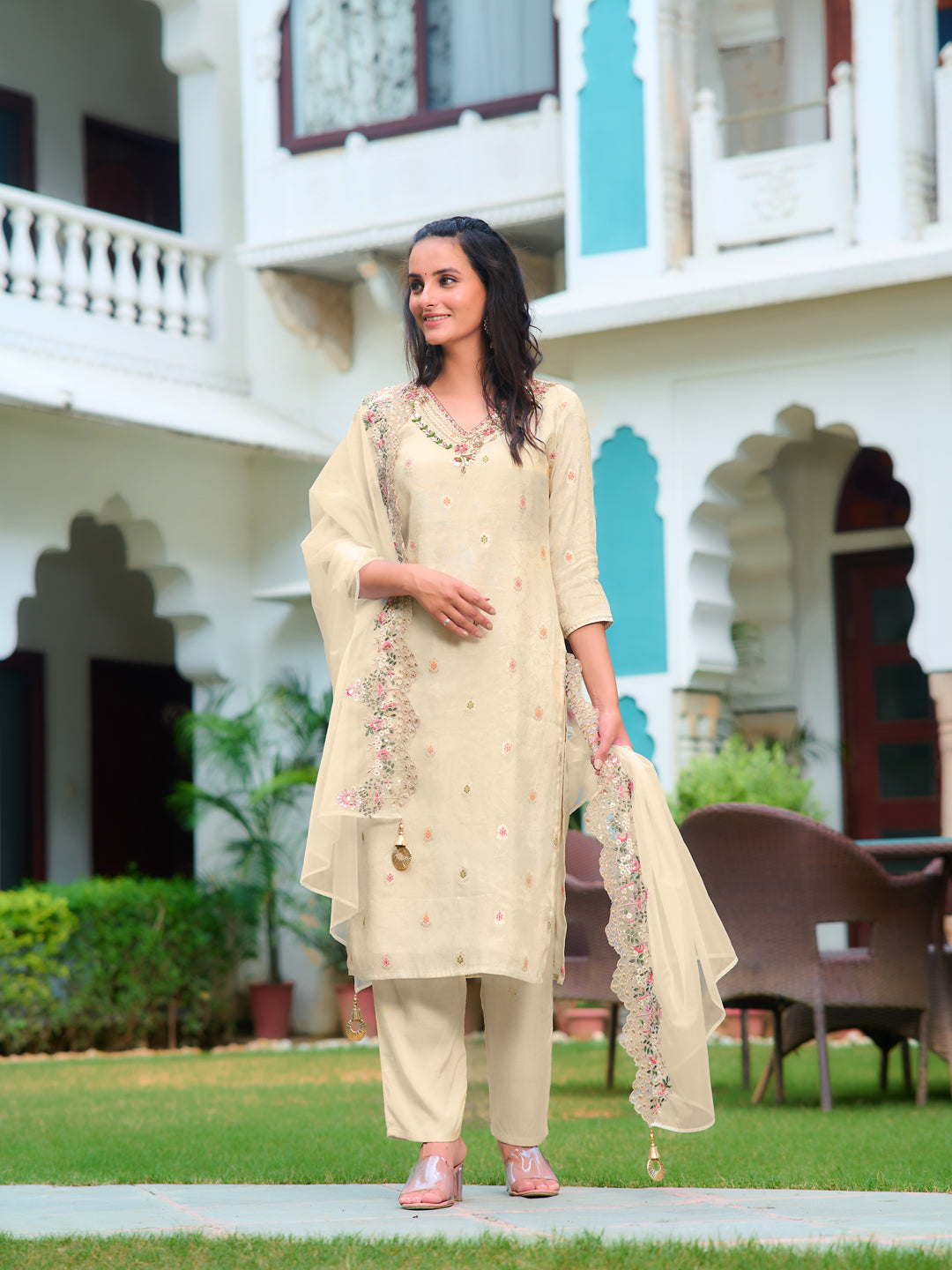 Hand Embroidered Banarasi Jacqauard Kurta With Pant & Embroidered Organza Dupatta, Cream - Hiral Fashion