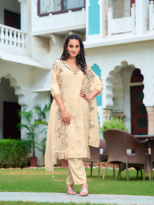 Hand Embroidered Banarasi Jacqauard Kurta With Pant & Embroidered Organza Dupatta, Cream - Hiral Fashion