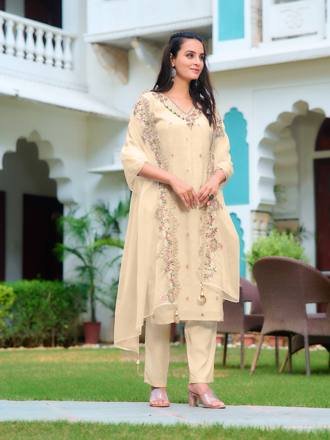 Hand Embroidered Banarasi Jacqauard Kurta With Pant & Embroidered Organza Dupatta, Cream - Hiral Fashion