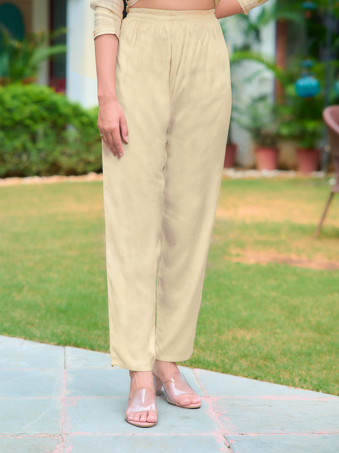 Hand Embroidered Banarasi Jacqauard Kurta With Pant & Embroidered Organza Dupatta, Cream - Hiral Fashion
