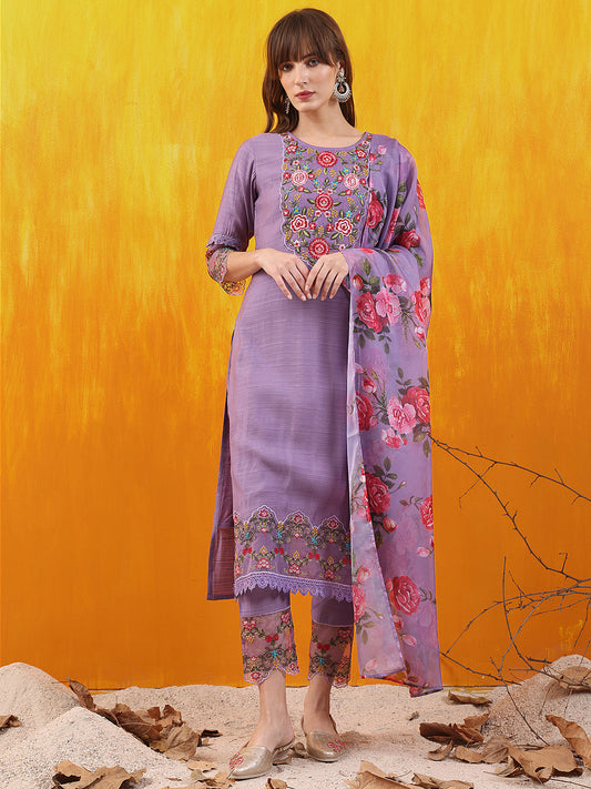 Applique Embroidered Kurta With Pant & Printed Dupatta, Lavender - Hiral Fashion