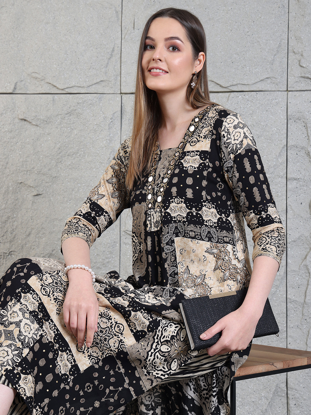 Hand Embroidered & Printed Kurta With Palazzo Pants, Black - Hiral Fashion
