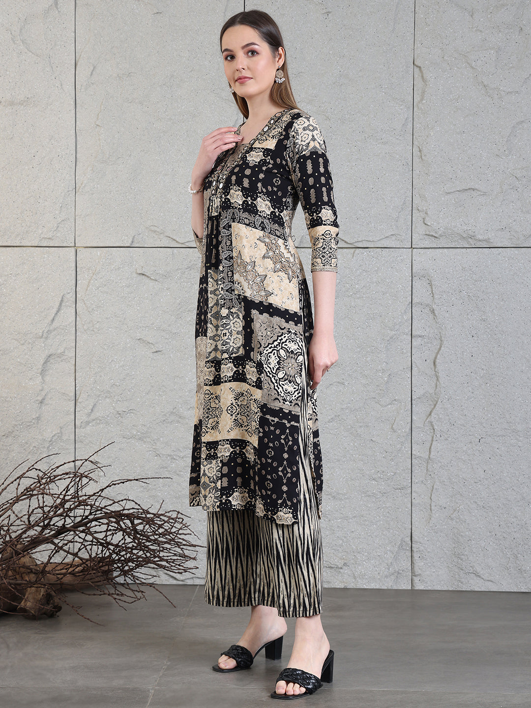 Hand Embroidered & Printed Kurta With Palazzo Pants, Black - Hiral Fashion