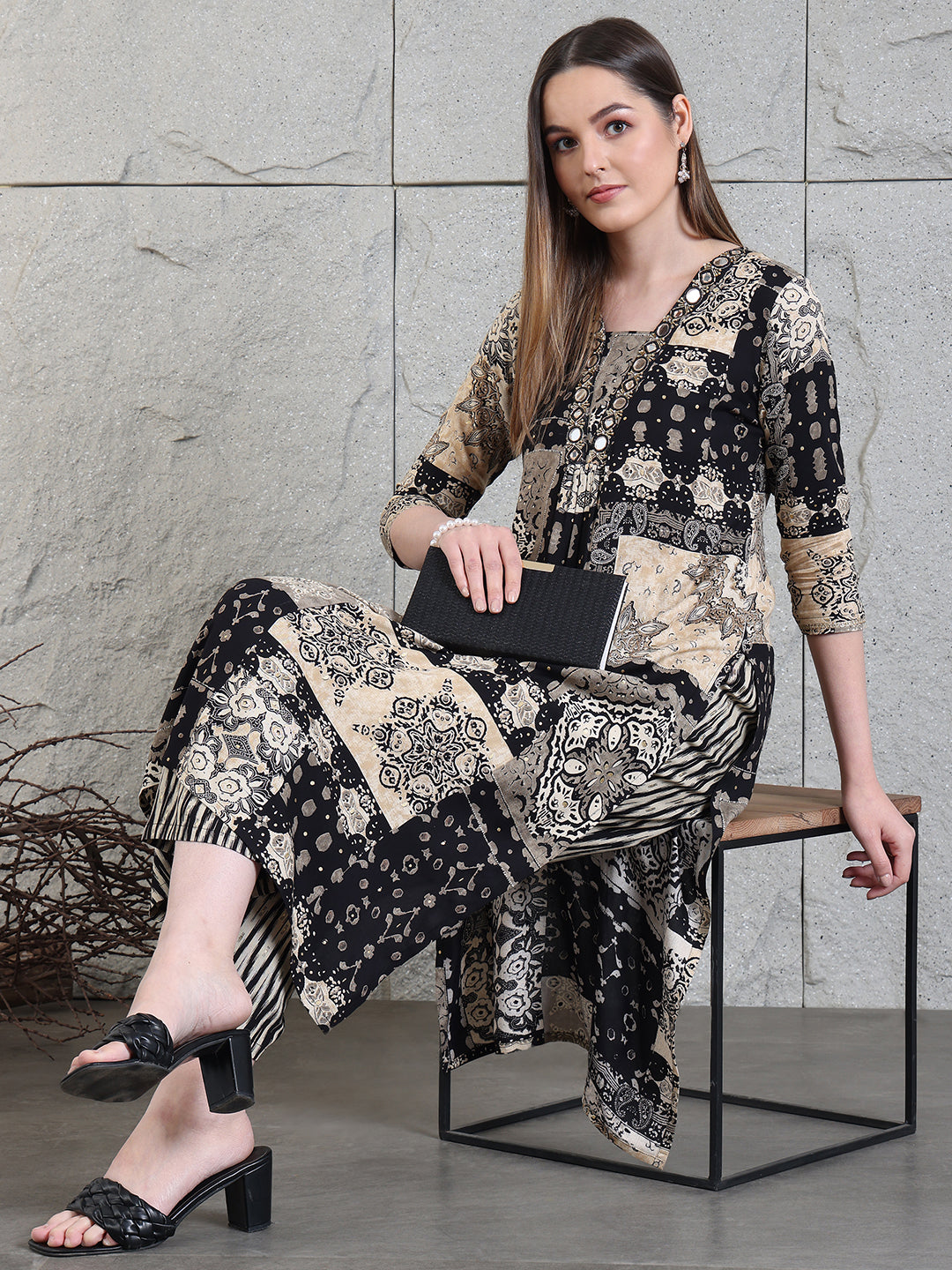 Hand Embroidered & Printed Kurta With Palazzo Pants, Black - Hiral Fashion
