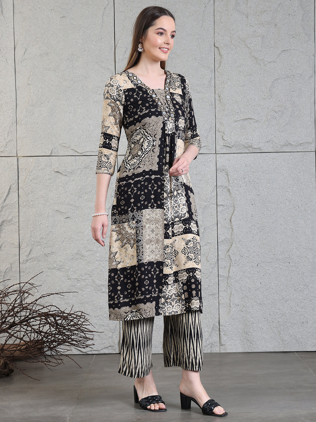 Hand Embroidered & Printed Kurta With Palazzo Pants, Black - Hiral Fashion