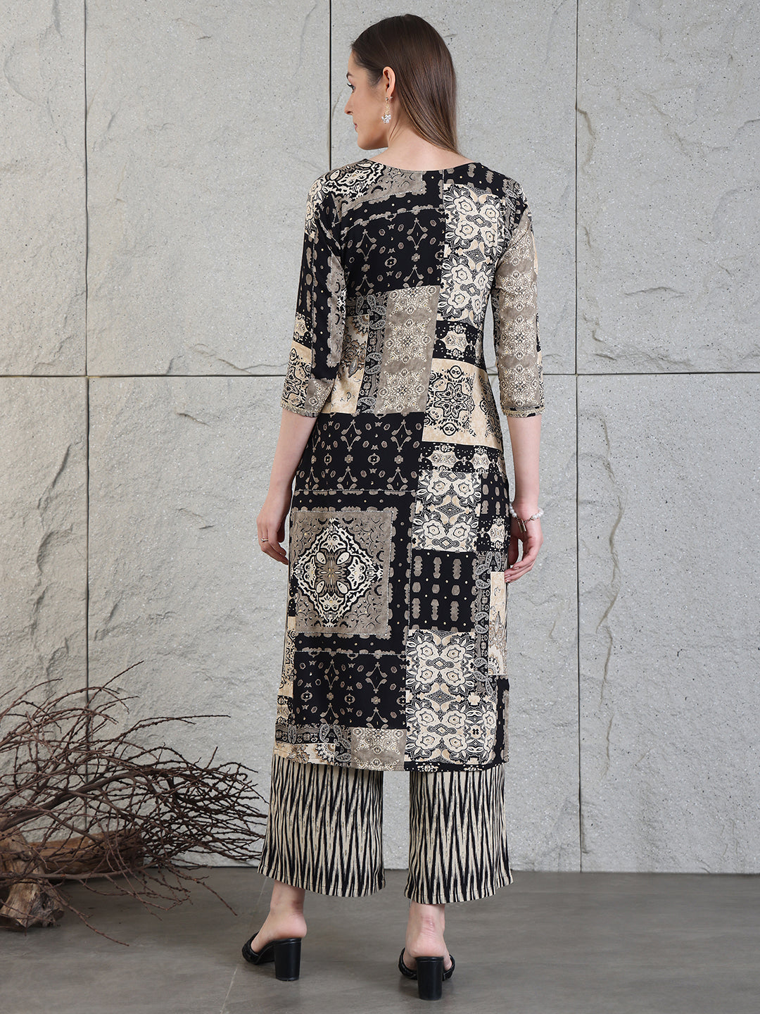 Hand Embroidered & Printed Kurta With Palazzo Pants, Black - Hiral Fashion