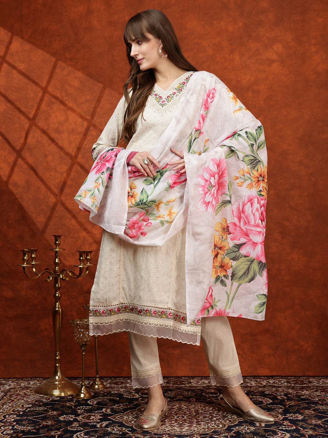 Chikankari & Embroidered Kurta With Pant & Printed Dupatta, White - Hiral Fashion