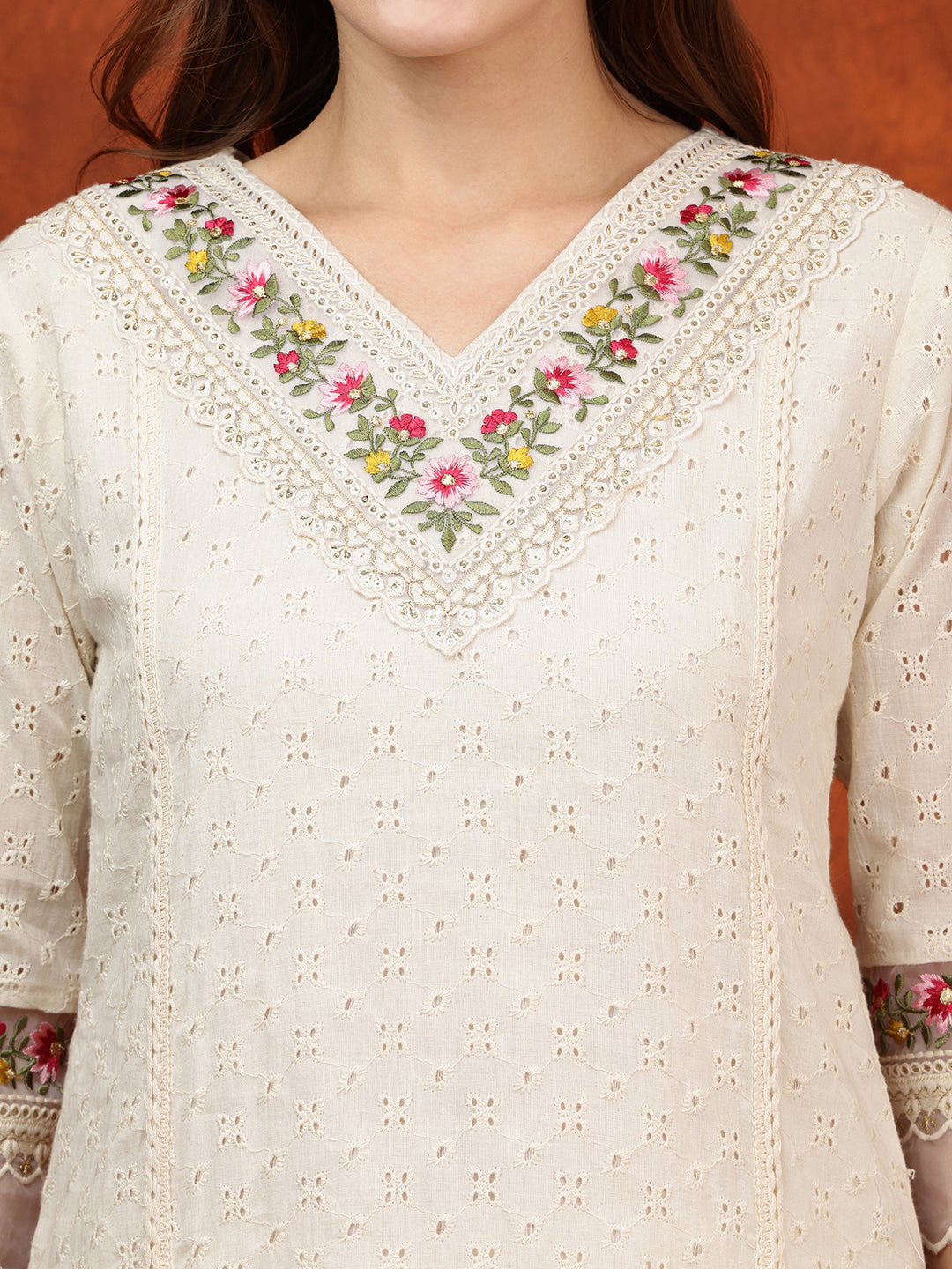 Chikankari & Embroidered Kurta With Pant & Printed Dupatta, White - Hiral Fashion