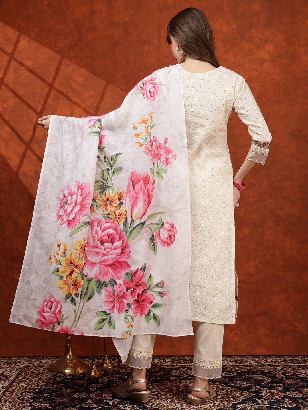 Chikankari & Embroidered Kurta With Pant & Printed Dupatta, White - Hiral Fashion