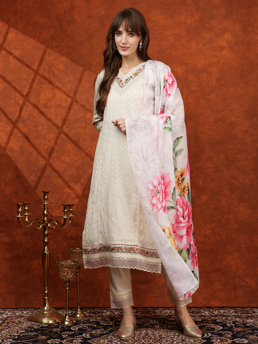 Chikankari & Embroidered Kurta With Pant & Printed Dupatta, White - Hiral Fashion