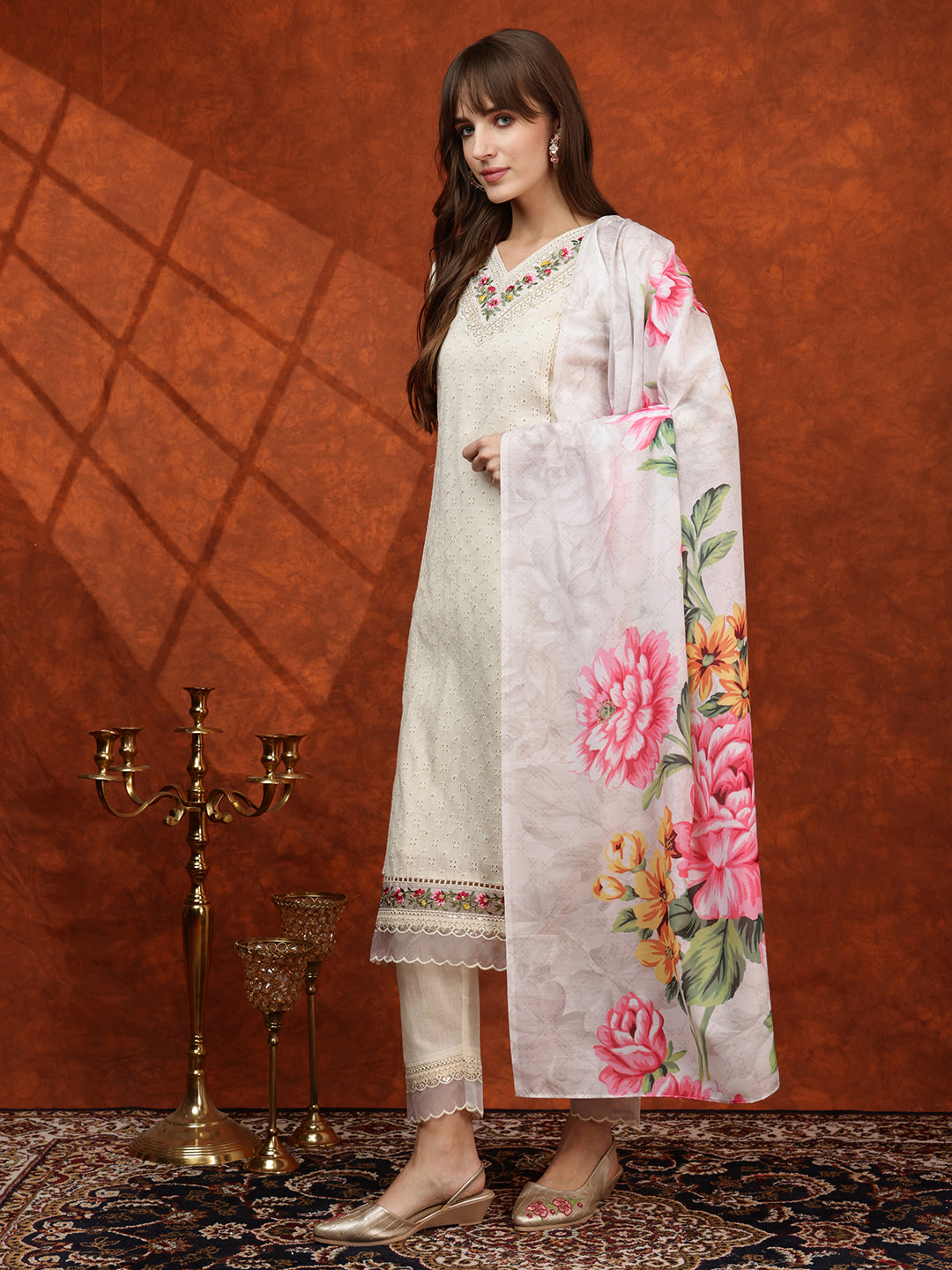 Chikankari & Embroidered Kurta With Pant & Printed Dupatta, White - Hiral Fashion
