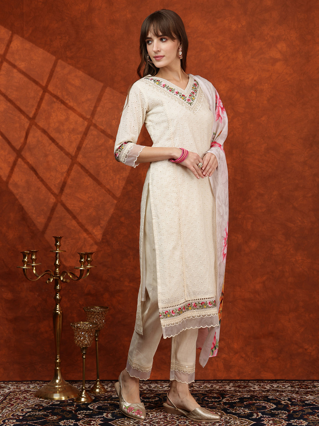 Chikankari & Embroidered Kurta With Pant & Printed Dupatta, White - Hiral Fashion