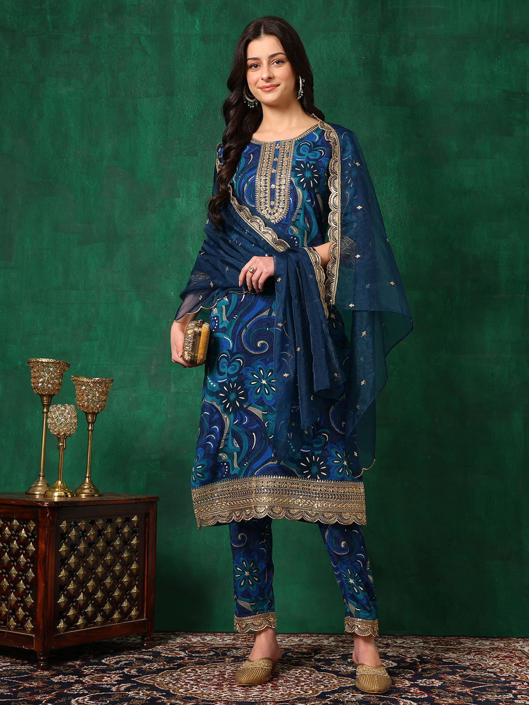 Sequined Embroidered & Printed Kurta With Pant & Embroidered Dupatta, Blue - Hiral Fashion