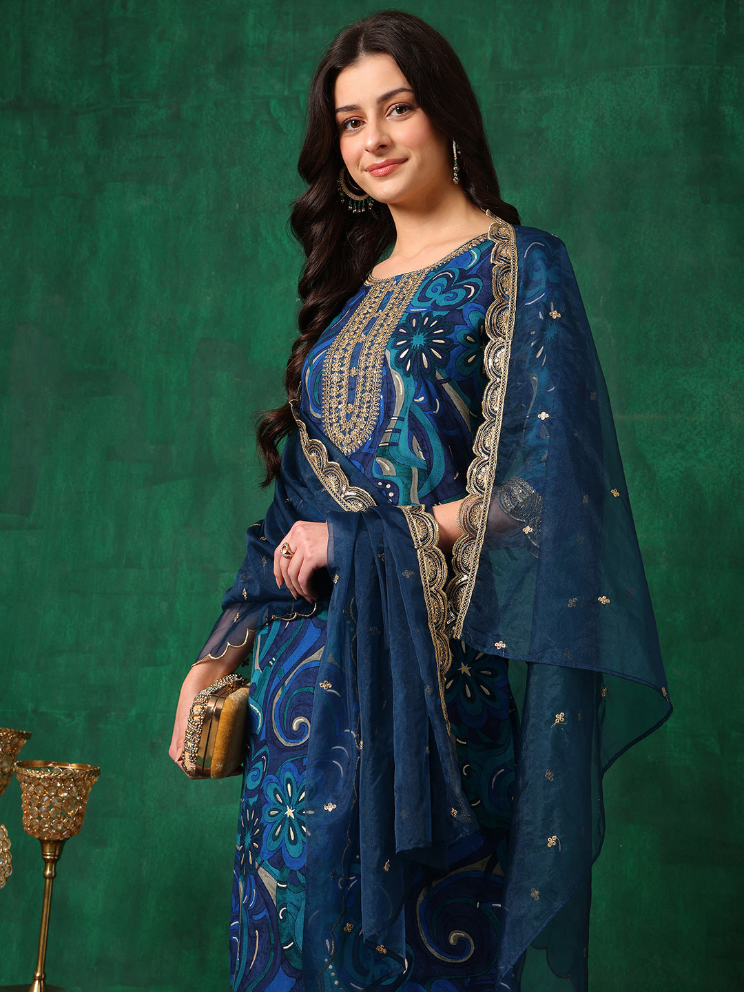 Sequined Embroidered & Printed Kurta With Pant & Embroidered Dupatta, Blue - Hiral Fashion