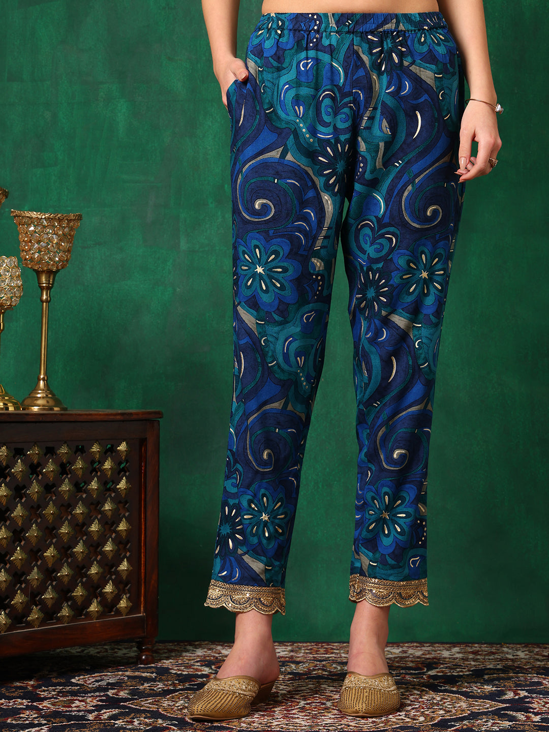 Sequined Embroidered & Printed Kurta With Pant & Embroidered Dupatta, Blue - Hiral Fashion
