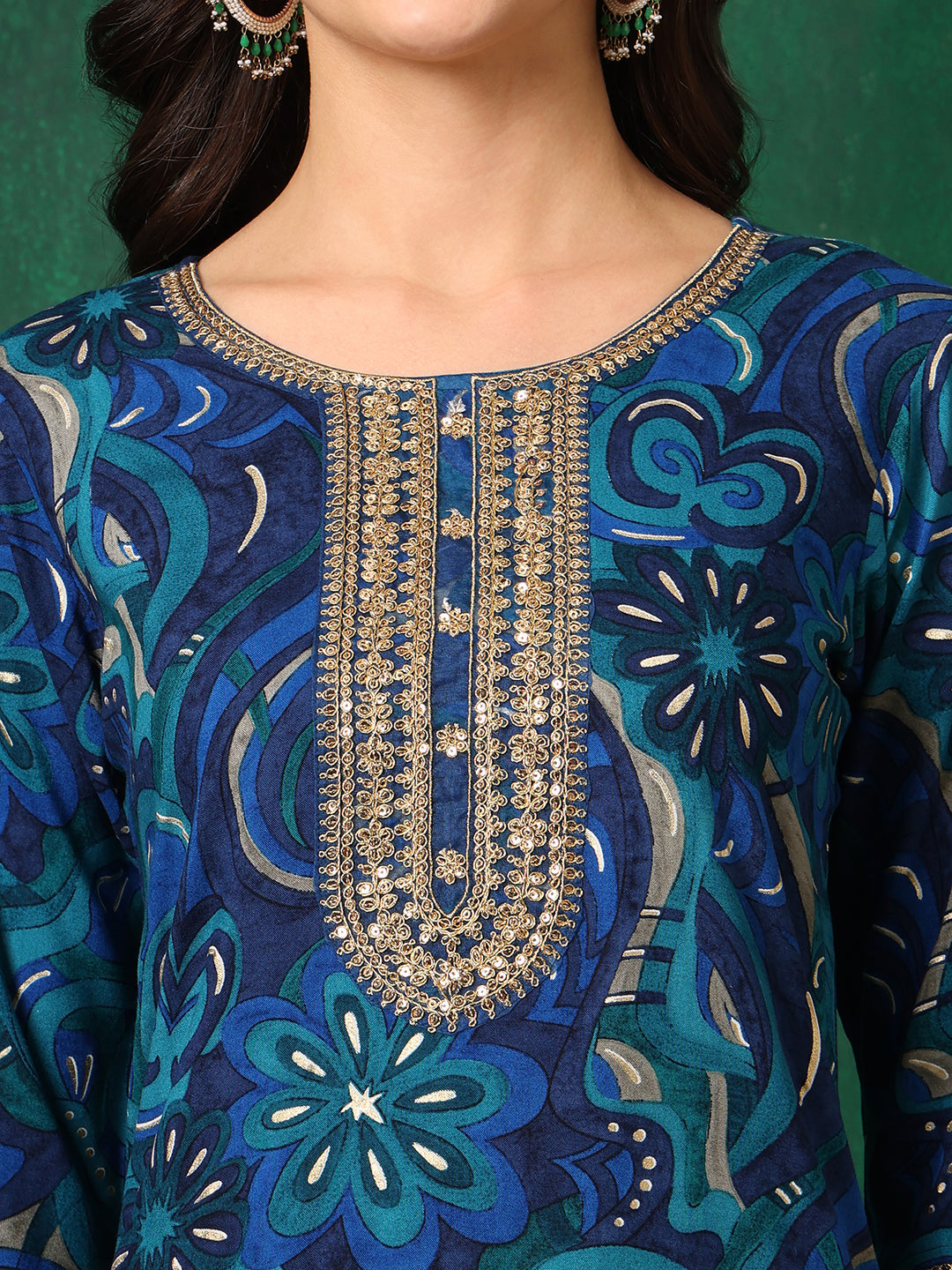 Sequined Embroidered & Printed Kurta With Pant & Embroidered Dupatta, Blue - Hiral Fashion