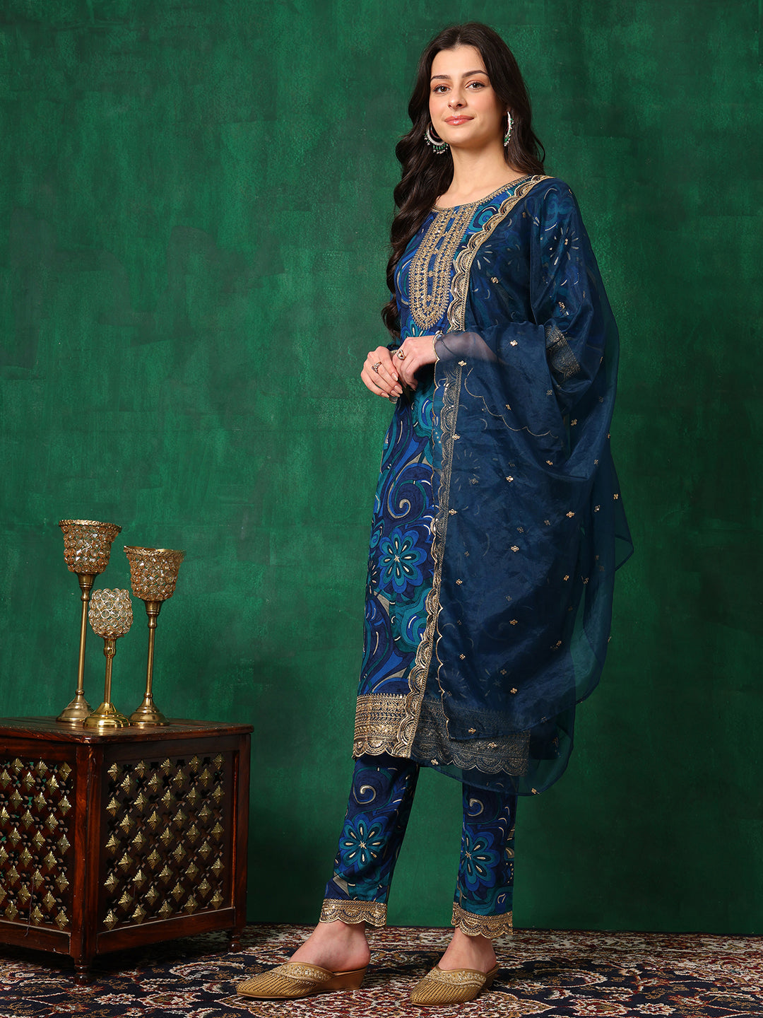 Sequined Embroidered & Printed Kurta With Pant & Embroidered Dupatta, Blue - Hiral Fashion
