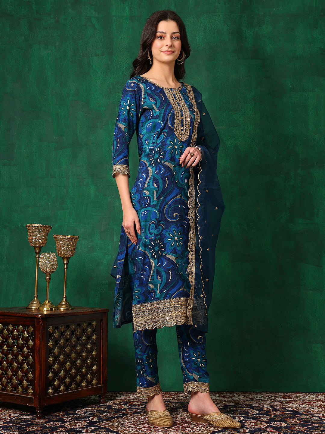 Sequined Embroidered & Printed Kurta With Pant & Embroidered Dupatta, Blue - Hiral Fashion