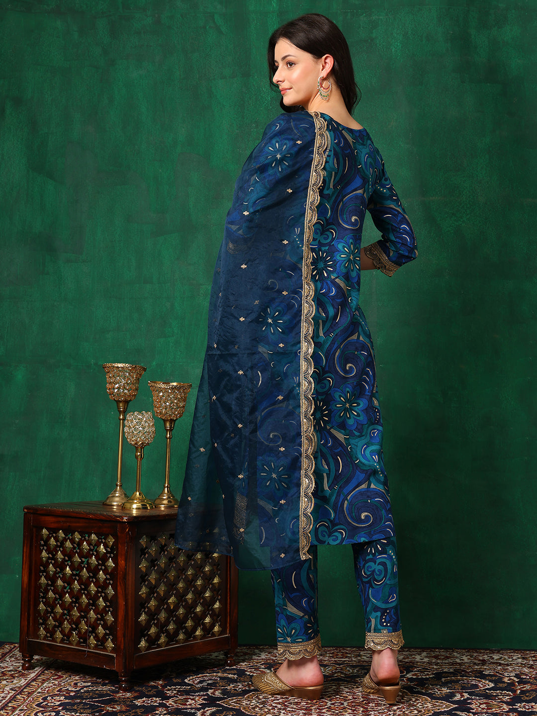 Sequined Embroidered & Printed Kurta With Pant & Embroidered Dupatta, Blue - Hiral Fashion