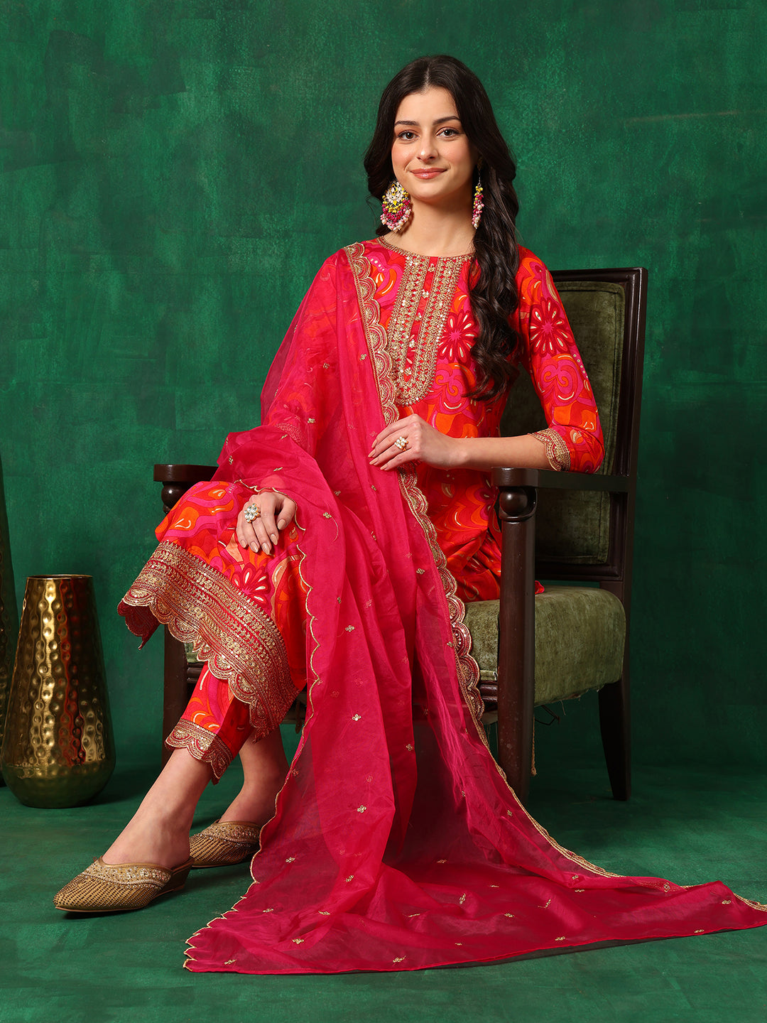 Sequined Embroidered & Printed Kurta With Pant & Embroidered Dupatta, Pink - Hiral Fashion