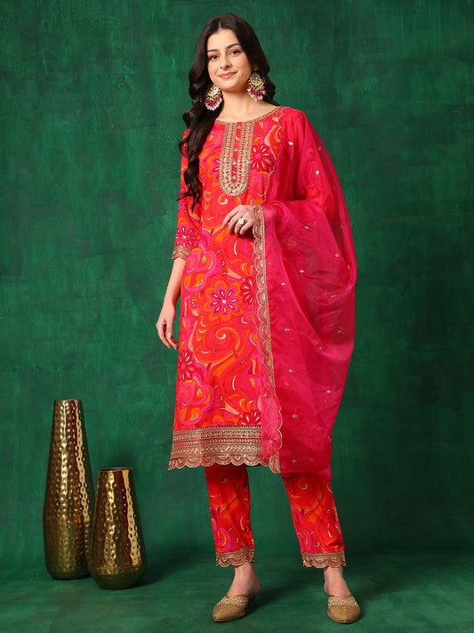 Sequined Embroidered & Printed Kurta With Pant & Embroidered Dupatta, Pink - Hiral Fashion