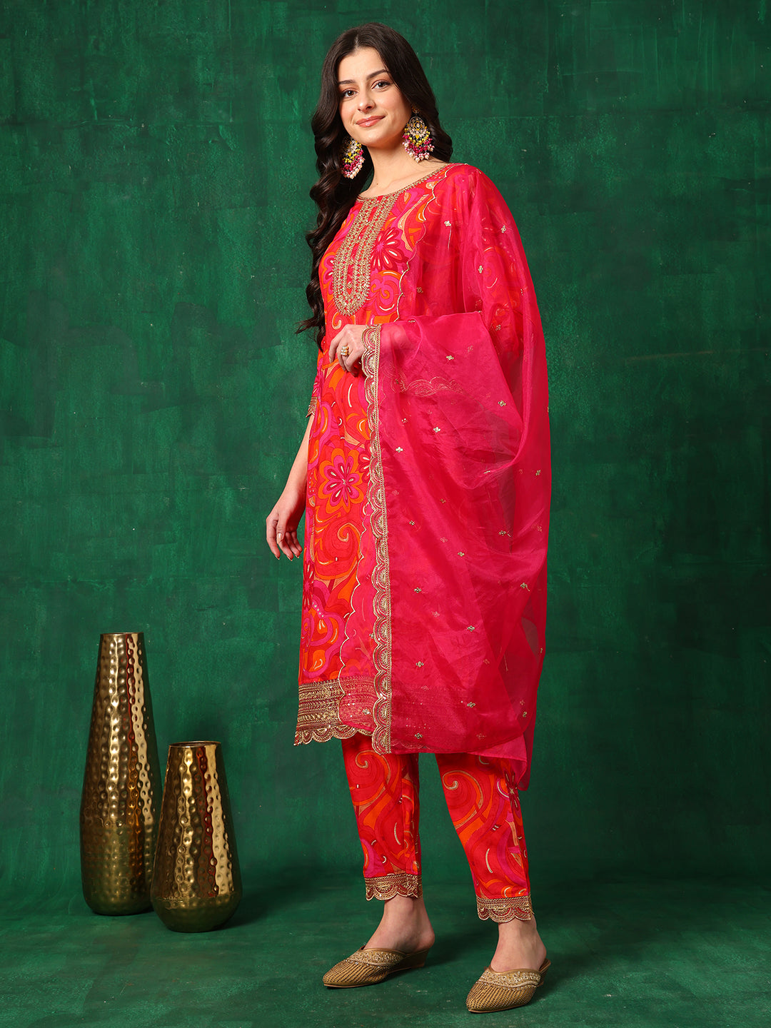 Sequined Embroidered & Printed Kurta With Pant & Embroidered Dupatta, Pink - Hiral Fashion
