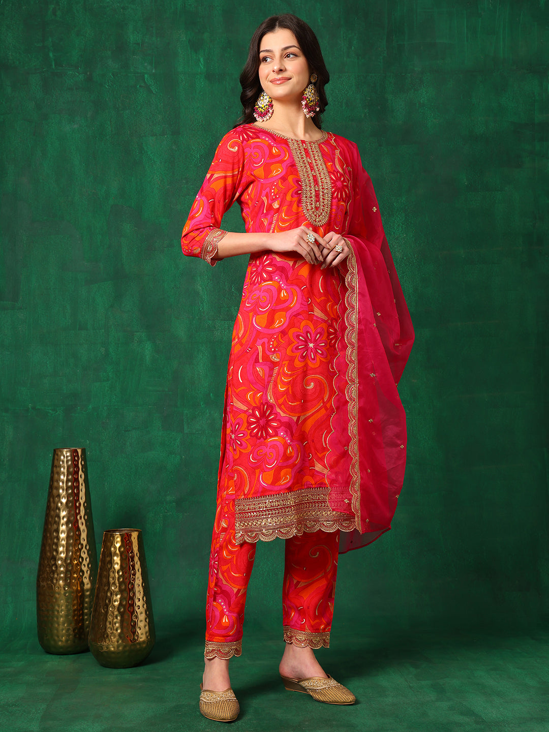 Sequined Embroidered & Printed Kurta With Pant & Embroidered Dupatta, Pink - Hiral Fashion