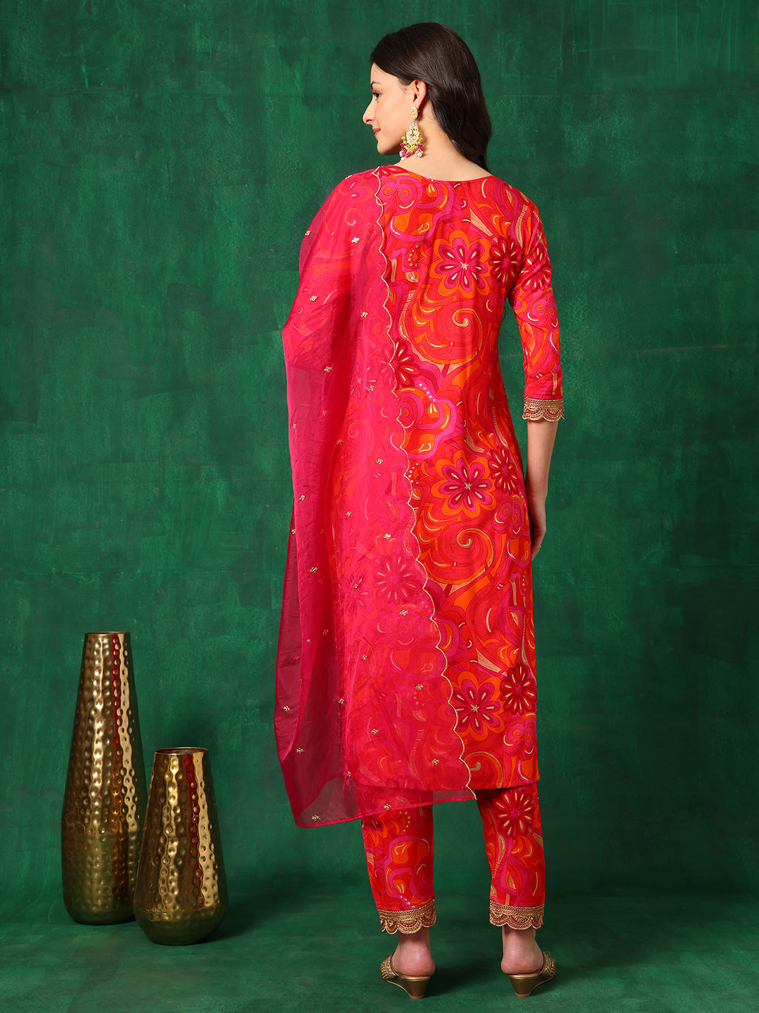 Sequined Embroidered & Printed Kurta With Pant & Embroidered Dupatta, Pink - Hiral Fashion