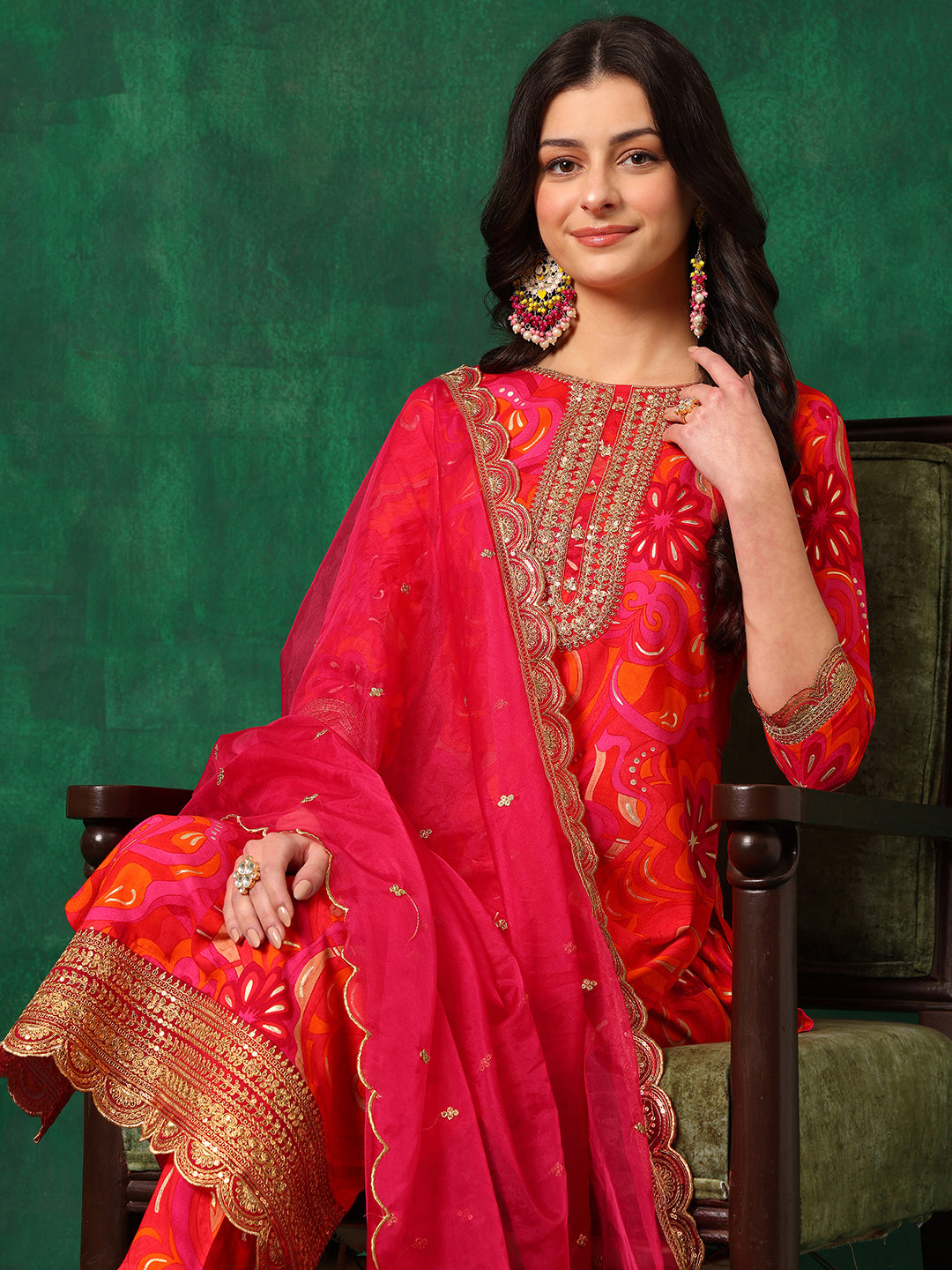 Sequined Embroidered & Printed Kurta With Pant & Embroidered Dupatta, Pink - Hiral Fashion