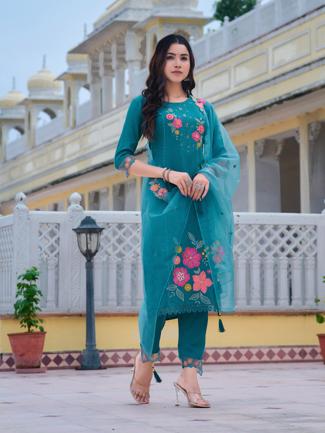 Hand & Machine Embroidered Kurta With Pant & Embroidered Dupatta, Blue - Hiral Fashion