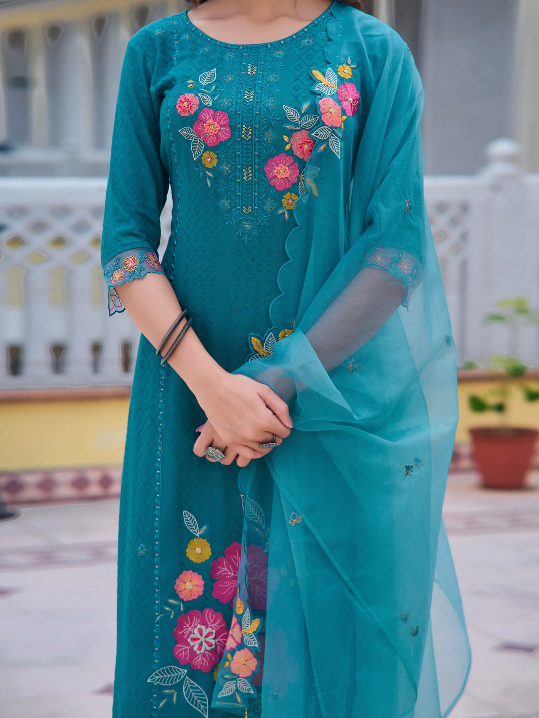 Hand & Machine Embroidered Kurta With Pant & Embroidered Dupatta, Blue - Hiral Fashion