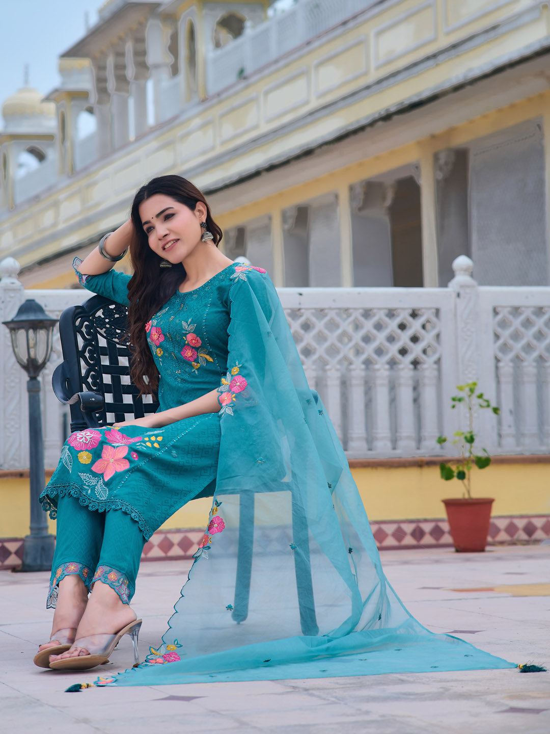 Hand & Machine Embroidered Kurta With Pant & Embroidered Dupatta, Blue - Hiral Fashion
