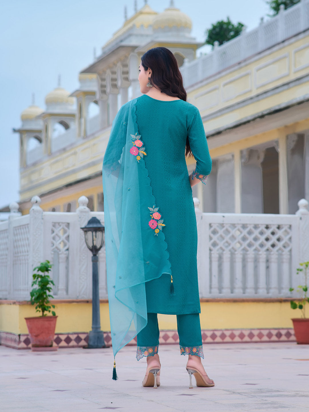 Hand & Machine Embroidered Kurta With Pant & Embroidered Dupatta, Blue - Hiral Fashion