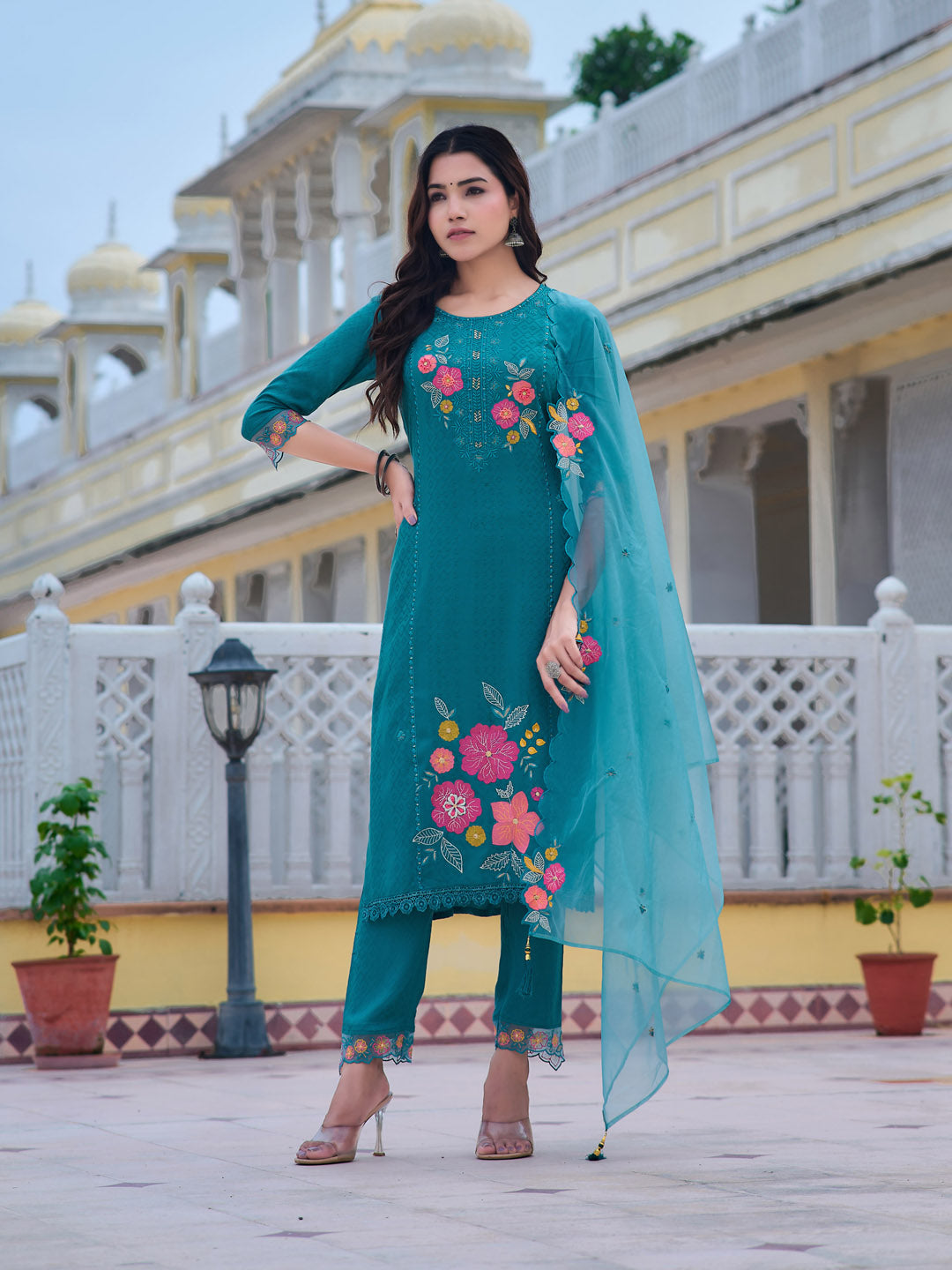 Hand & Machine Embroidered Kurta With Pant & Embroidered Dupatta, Blue - Hiral Fashion