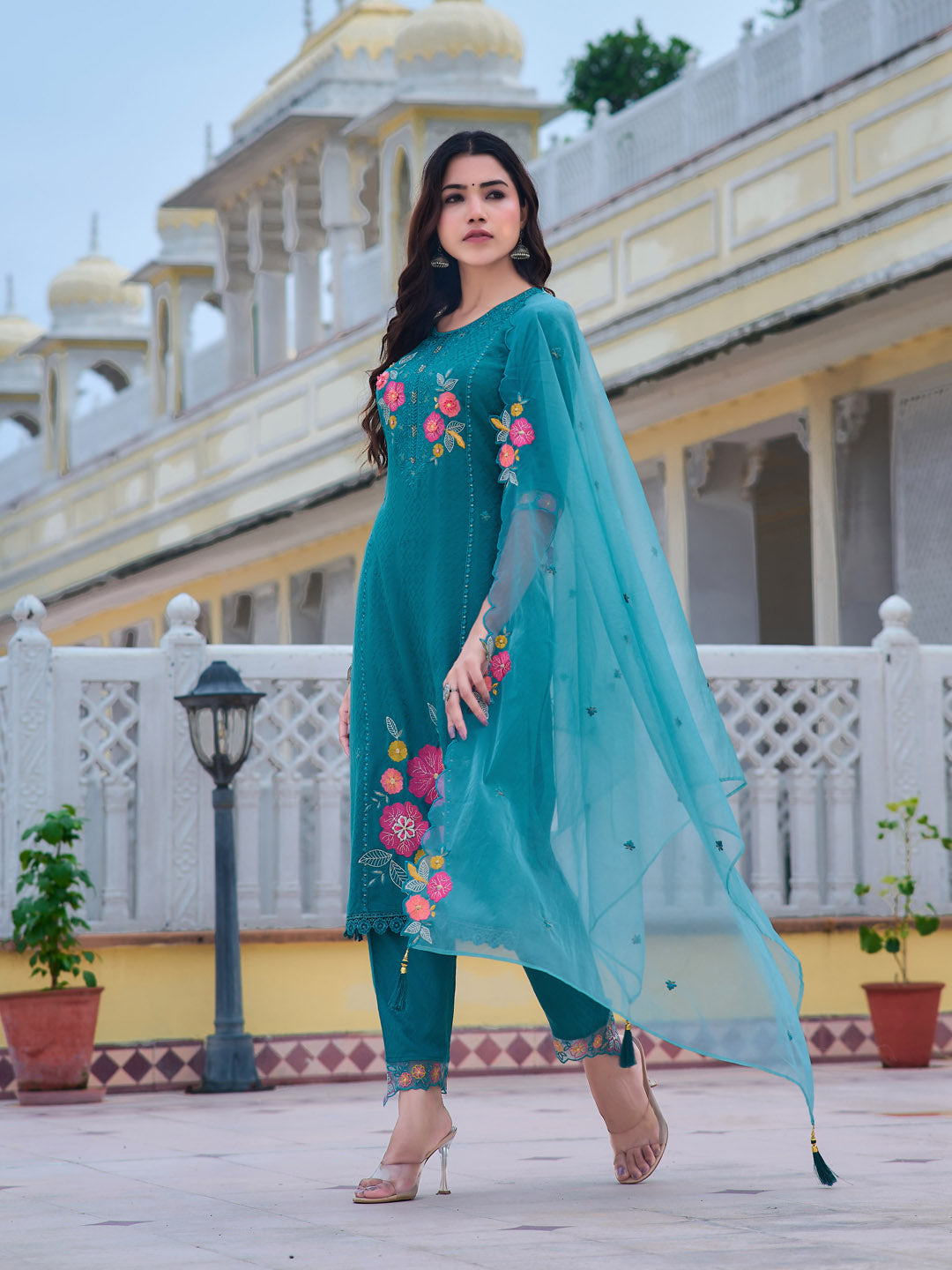 Hand & Machine Embroidered Kurta With Pant & Embroidered Dupatta, Blue - Hiral Fashion