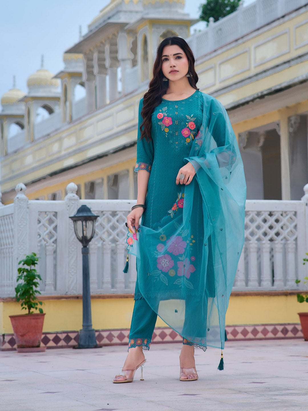 Hand & Machine Embroidered Kurta With Pant & Embroidered Dupatta, Blue - Hiral Fashion