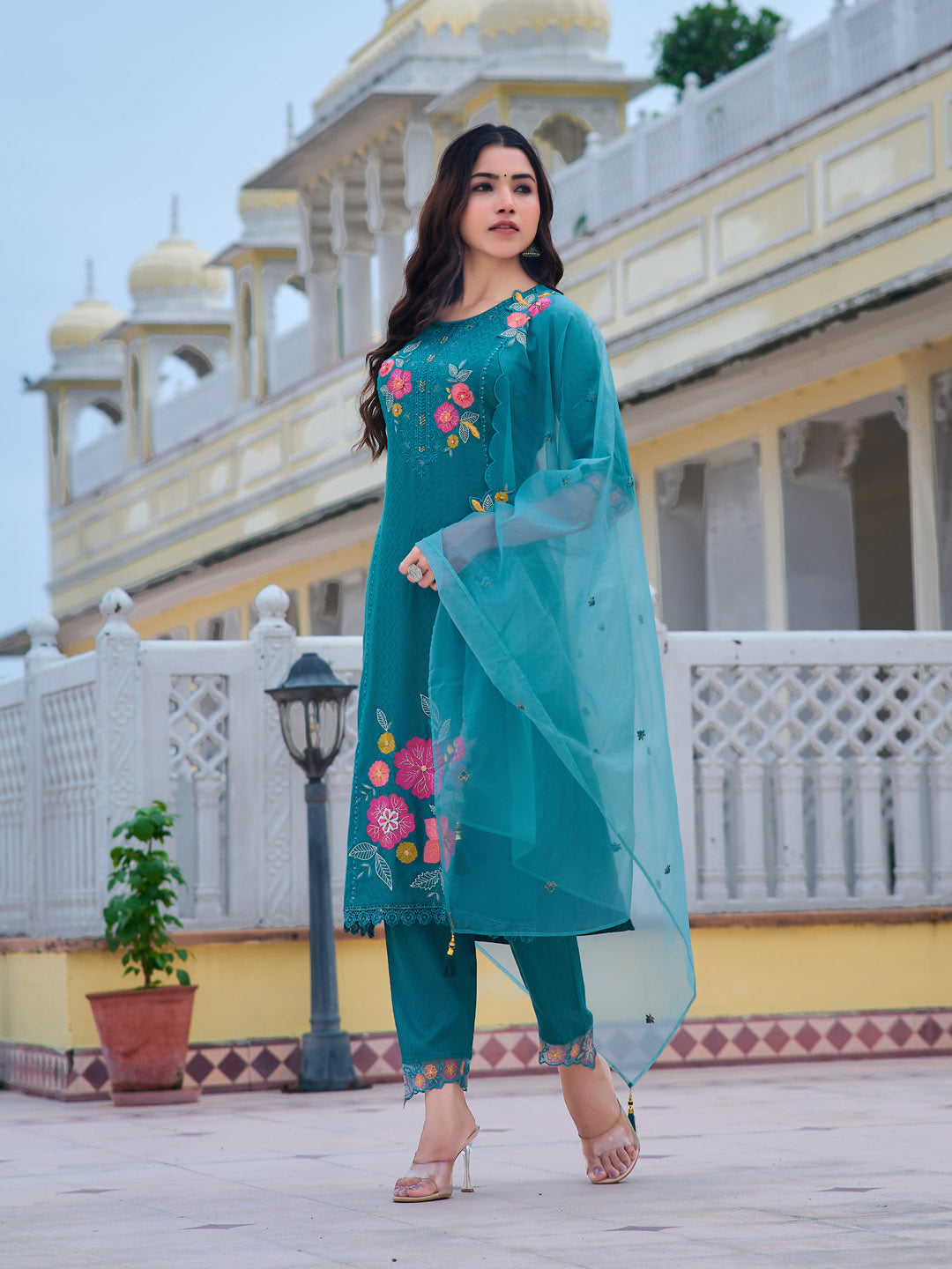 Hand & Machine Embroidered Kurta With Pant & Embroidered Dupatta, Blue - Hiral Fashion