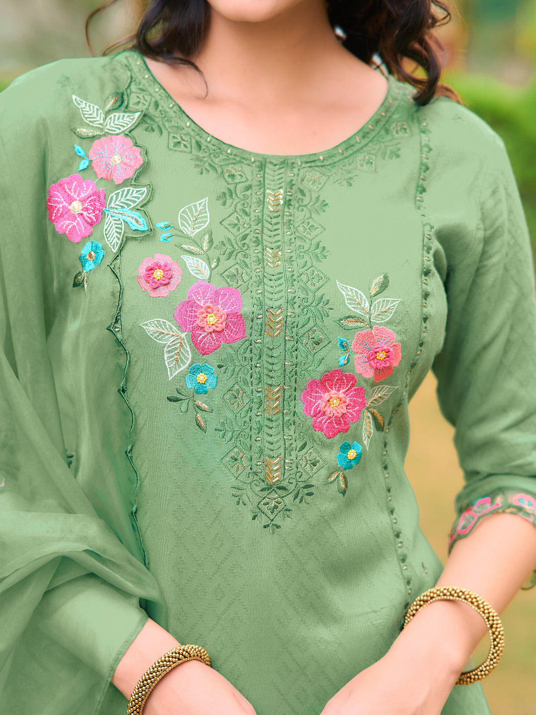 Hand & Machine Embroidered Kurta With Pant & Embroidered Dupatta, Green - Hiral Fashion