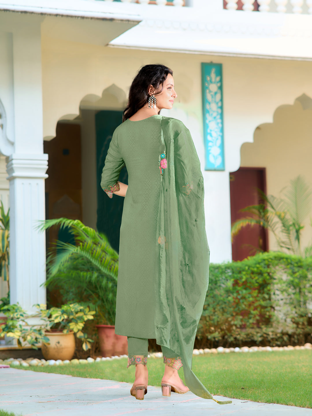 Hand & Machine Embroidered Kurta With Pant & Embroidered Dupatta, Green - Hiral Fashion