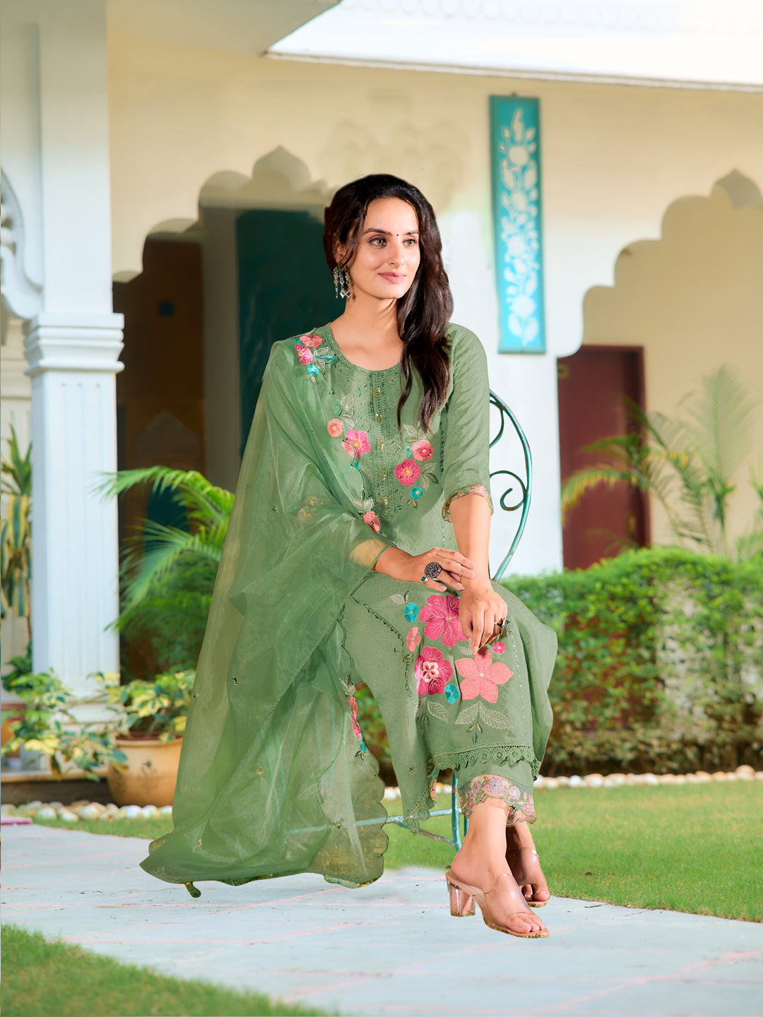 Hand & Machine Embroidered Kurta With Pant & Embroidered Dupatta, Green - Hiral Fashion