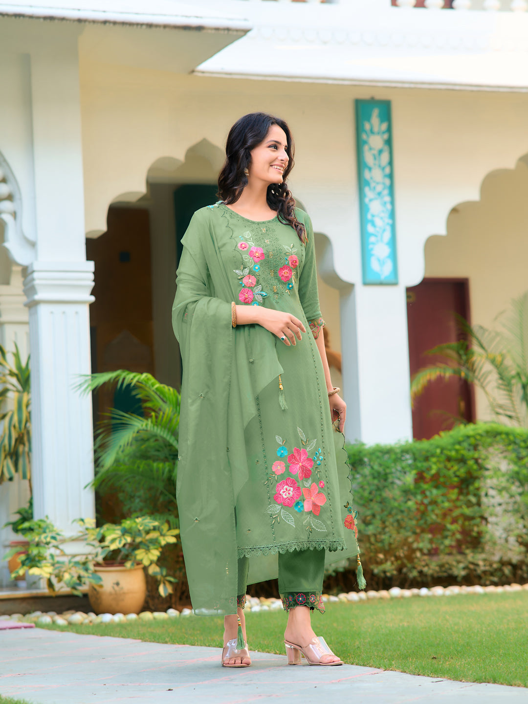 Hand & Machine Embroidered Kurta With Pant & Embroidered Dupatta, Green - Hiral Fashion