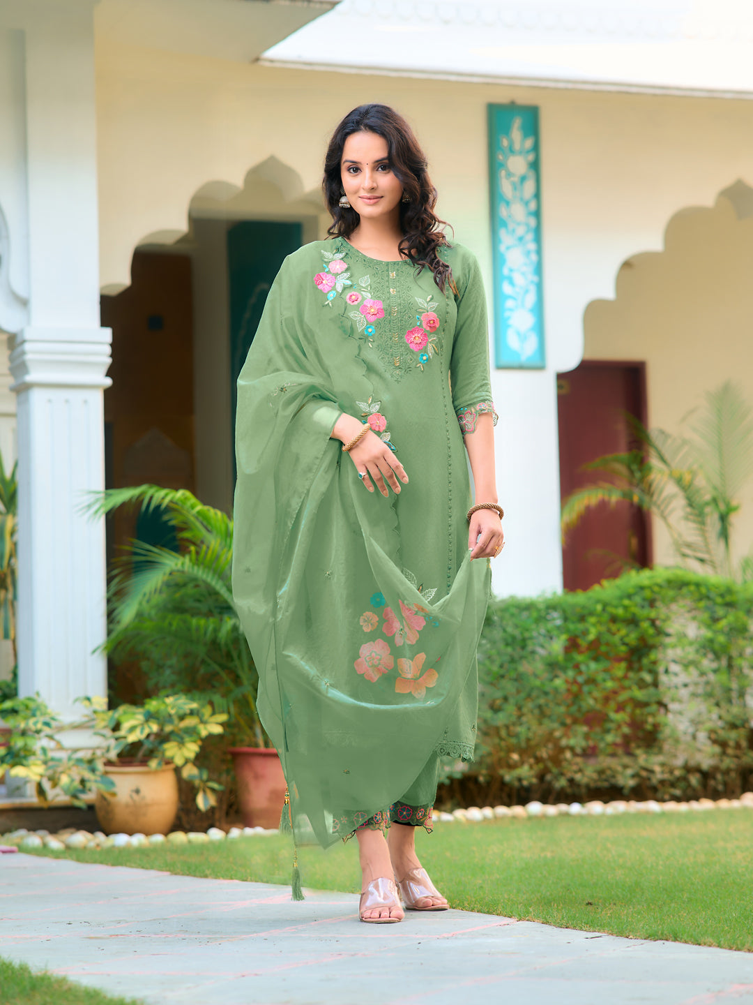 Hand & Machine Embroidered Kurta With Pant & Embroidered Dupatta, Green - Hiral Fashion