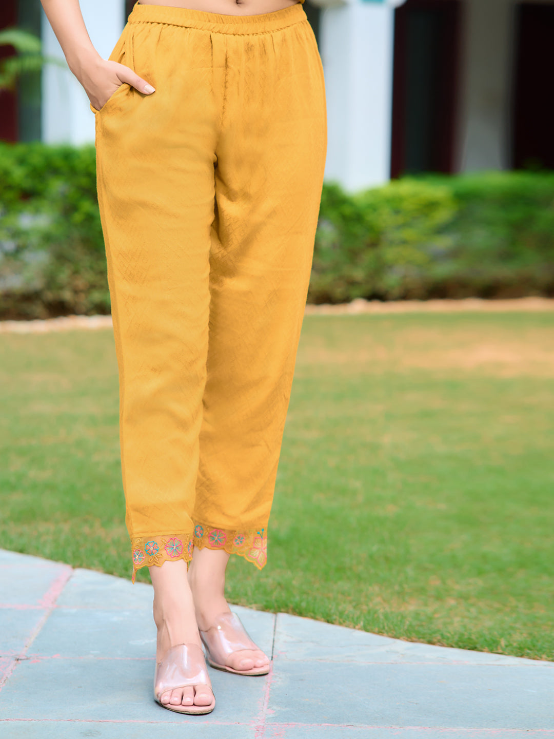 Hand & Machine Embroidered Kurta With Pant & Embroidered Dupatta, Yellow - Hiral Fashion