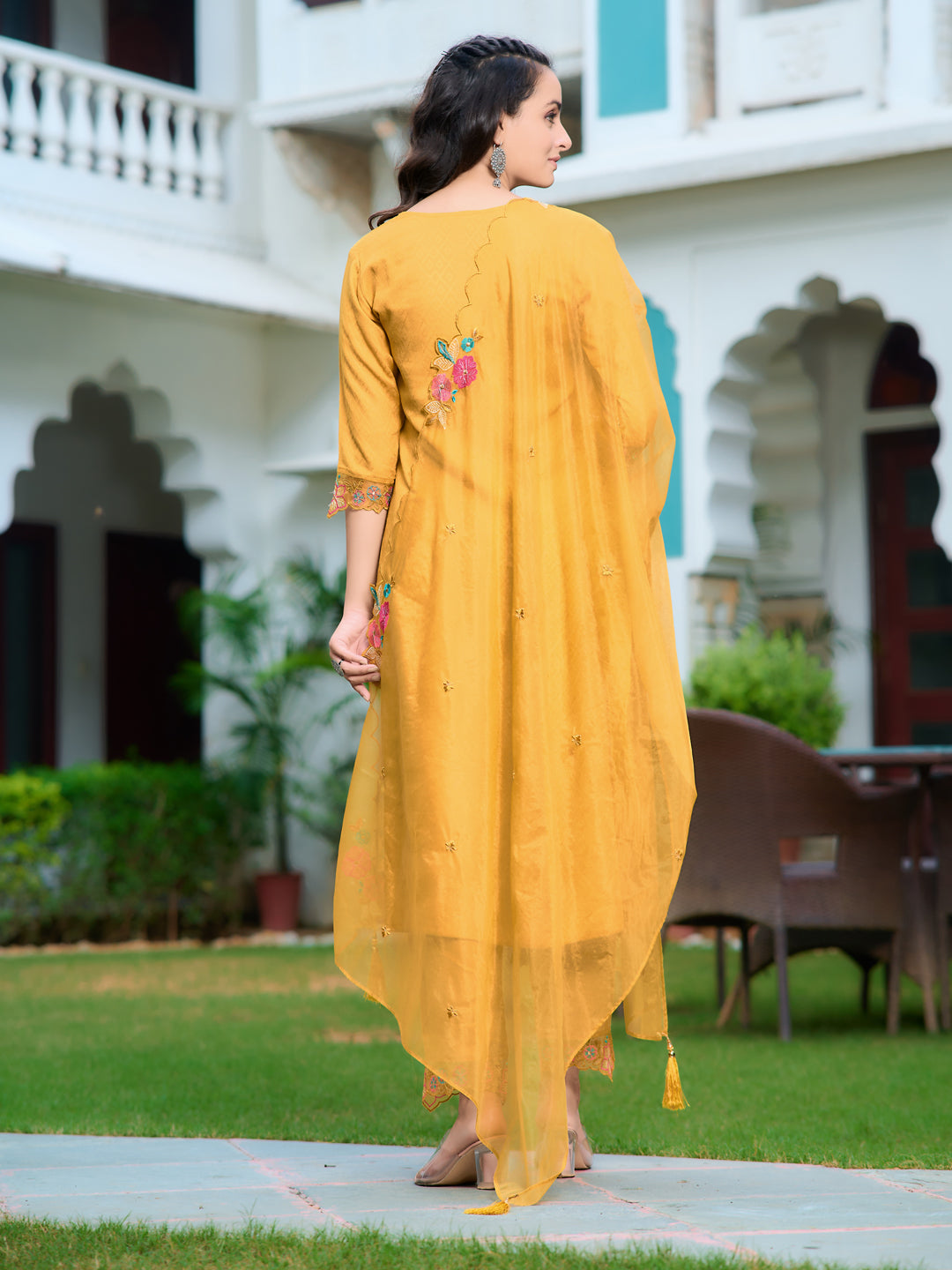 Hand & Machine Embroidered Kurta With Pant & Embroidered Dupatta, Yellow - Hiral Fashion