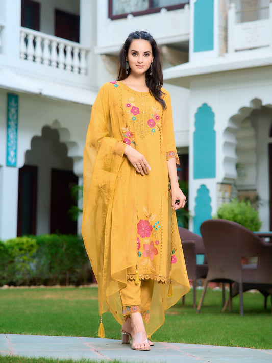 Hand & Machine Embroidered Kurta With Pant & Embroidered Dupatta, Yellow - Hiral Fashion