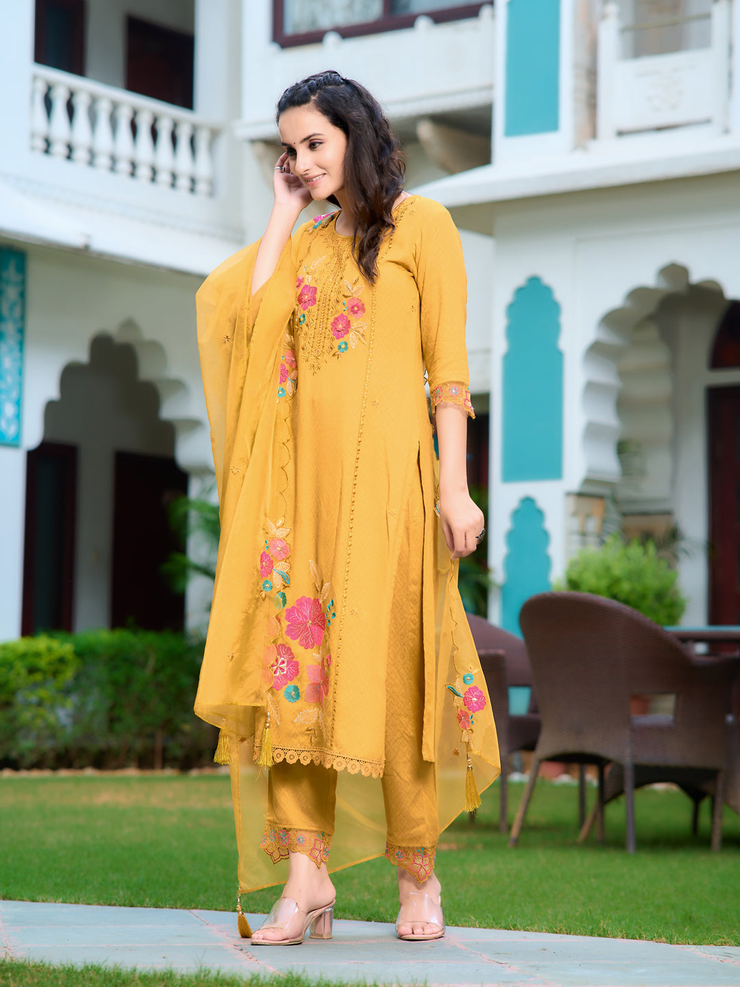 Hand & Machine Embroidered Kurta With Pant & Embroidered Dupatta, Yellow - Hiral Fashion